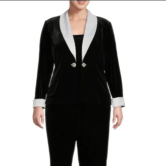 Alex Evenings Size XL Black Formal Velvet Blazer Satin Lapel Rhinestone Clasp - Picture 3 of 12